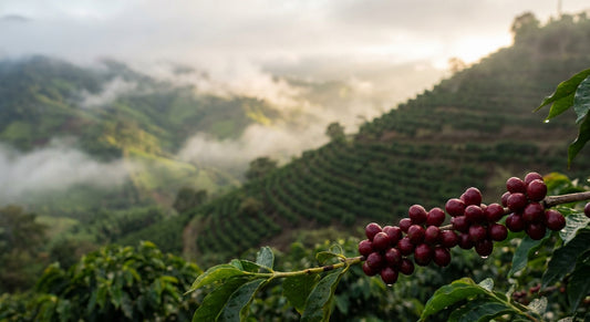 Mist-covered Blue Mountain slopes at dawn with close-up red coffee cherries in the foreground and lush green terraced coffee plants stretching into the valley below.