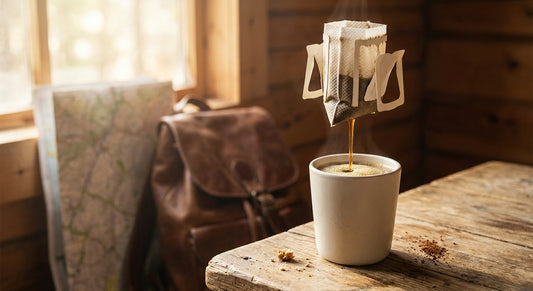 A drip bag coffee pouch suspended over a ceramic mug on a wooden surface, with warm morning light and soft hints of travel accessories in the background.