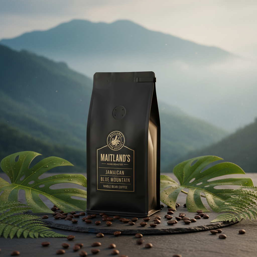 Jamaican Blue Mountain Whole Bean Coffee bag styled with coffee beans and tropical leaves