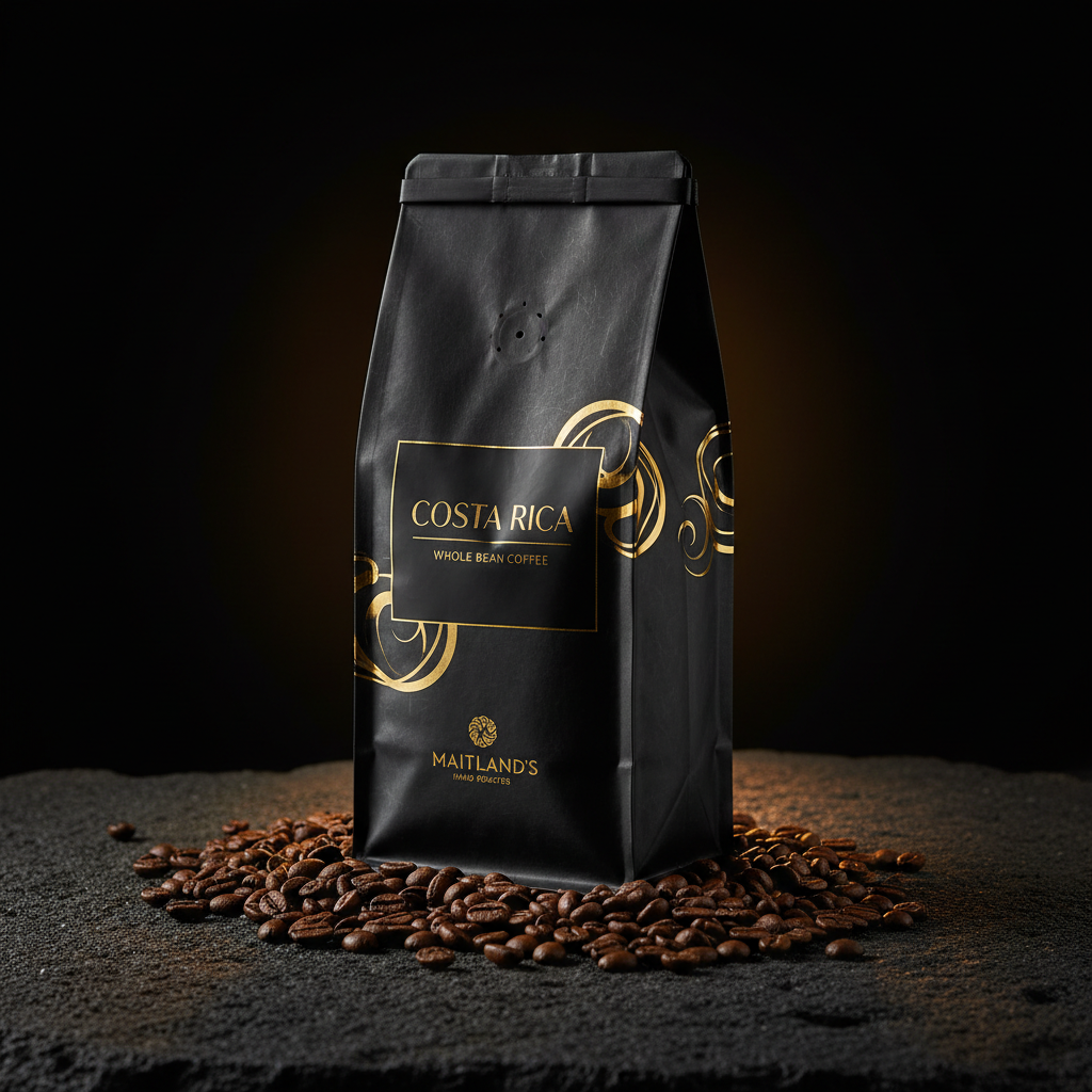 Maitland's Hand Roaster Costa Rica Whole Bean Coffee bag on dark volcanic stone with golden lighting