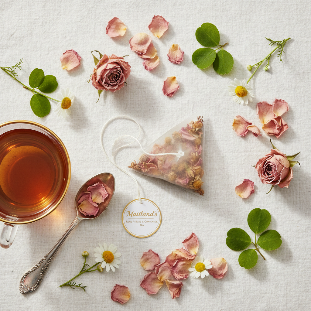 Maitland's Hand Roaster Rose Petals & Camomile Tea elegant flat lay on white linen with rose petals and golden tea