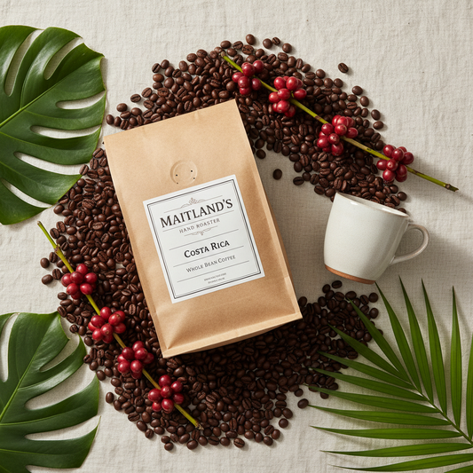 Maitland's Hand Roaster Costa Rica Whole Bean Coffee flat lay on cream linen with coffee beans and cherries