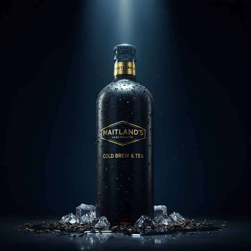 Maitland's Hand Roaster Cold Brew & Tea dramatic cinematic shot on midnight blue background