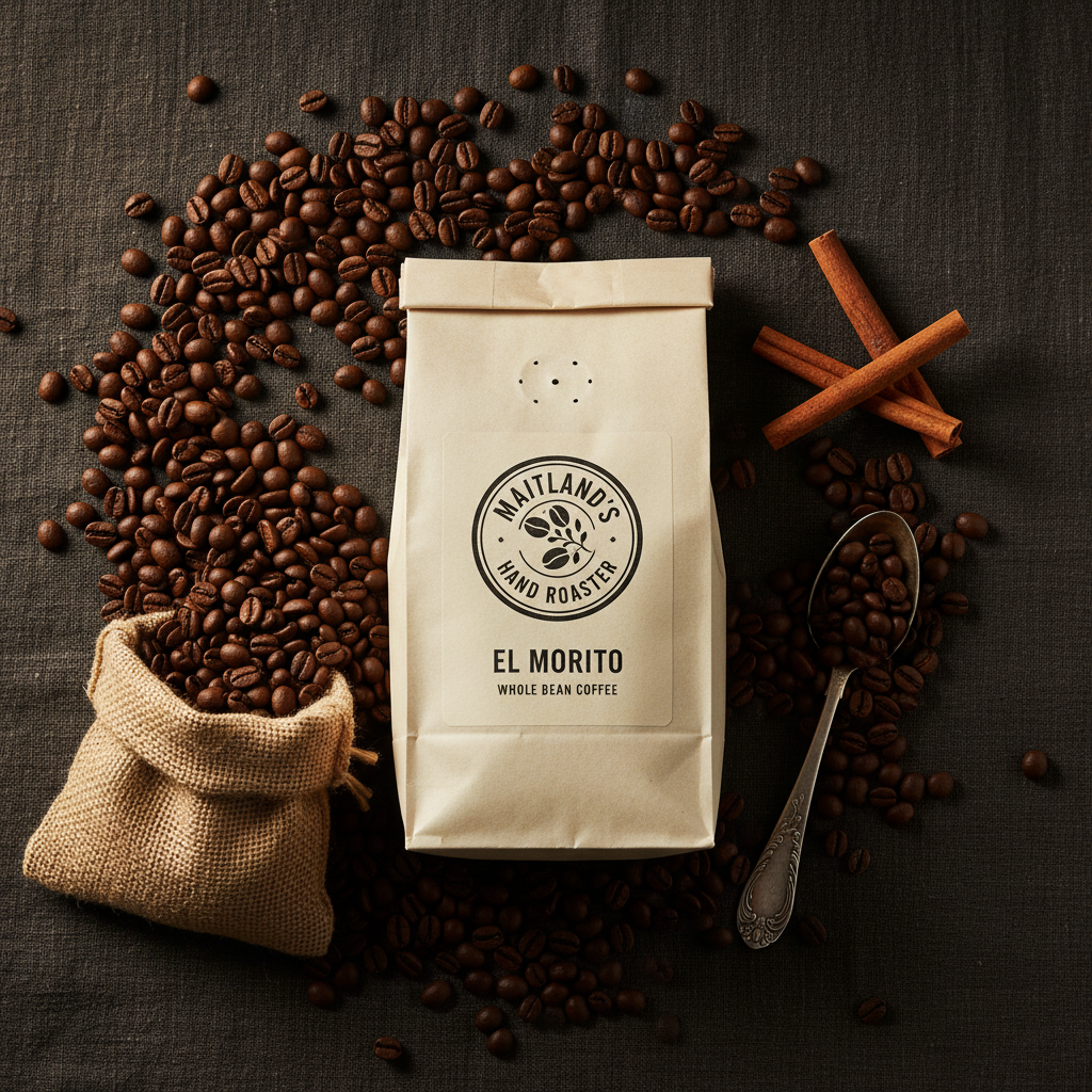 El Morito Whole Bean Coffee flat lay with coffee beans and cinnamon on linen