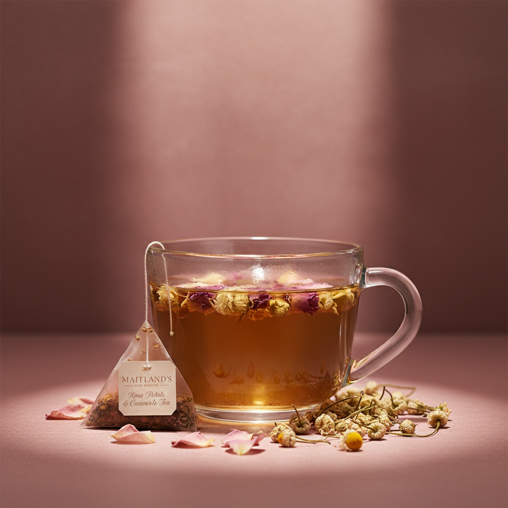 Maitland's Hand Roaster Rose Petals & Camomile Tea dramatic cinematic shot on dusty rose background
