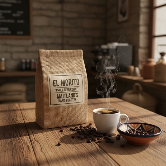 El Morito Whole Bean Coffee bag styled on a rustic café table with espresso