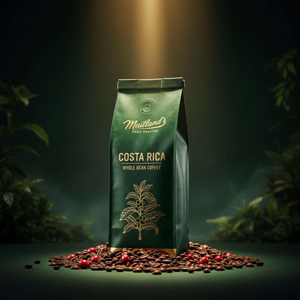 Maitland's Hand Roaster Costa Rica Whole Bean Coffee dramatic shot on forest green background