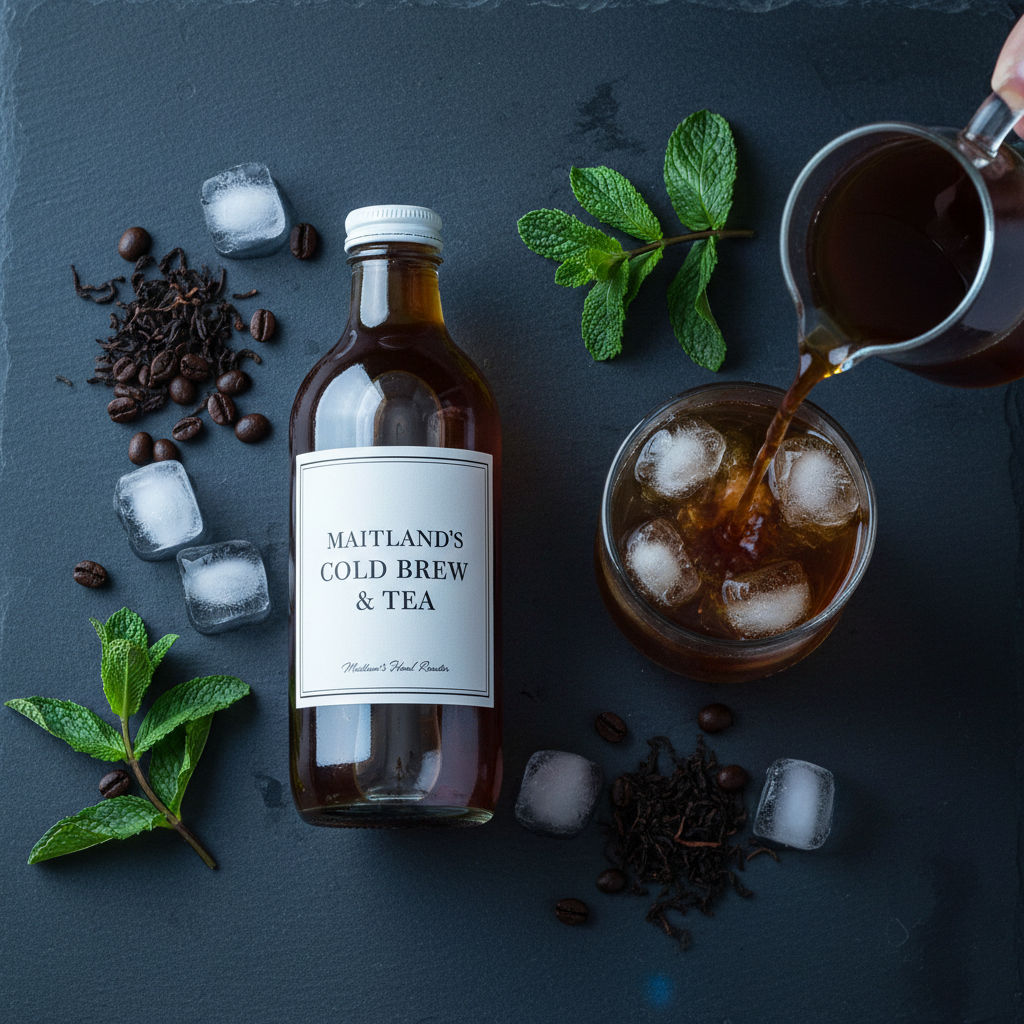 Maitland's Hand Roaster Cold Brew & Tea flat lay on dark slate with ice, coffee beans and tea leaves