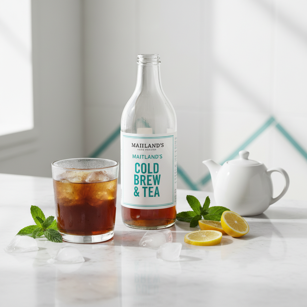 Maitland's Hand Roaster Cold Brew & Tea bright lifestyle shot with lemon and mint on marble