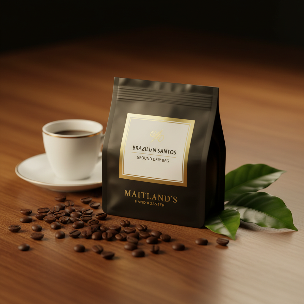 Maitland's Hand Roaster Brazilian Santos Ground Drip Bag on warm dark wood with coffee beans