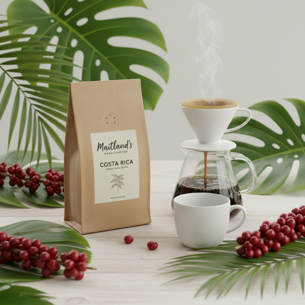 Maitland's Hand Roaster Costa Rica Whole Bean Coffee styled with tropical leaves and red coffee cherries