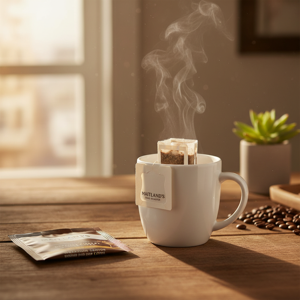 Maitland's Hand Roaster Brazilian Santos Drip Bag brewing over a white mug in warm morning light