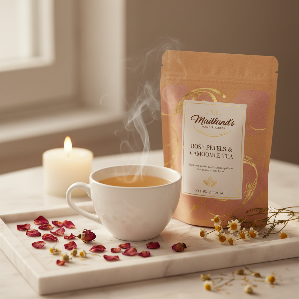 Maitland's Hand Roaster Rose Petals & Camomile Tea romantic self-care lifestyle with steaming teacup and candle