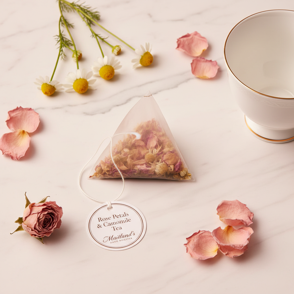 Maitland's Hand Roaster Rose Petals & Camomile Tea on white marble with rose petals and camomile flowers