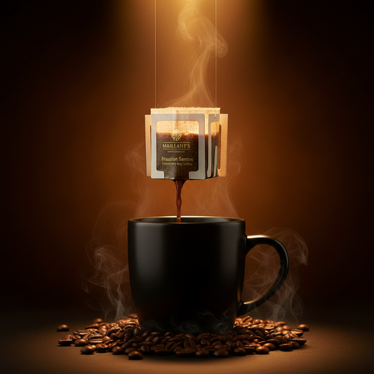 Maitland's Hand Roaster Brazilian Santos Drip Bag dramatic cinematic shot on amber background